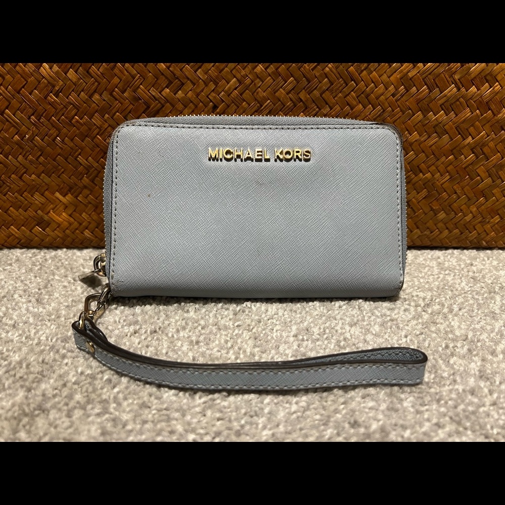 Michael Kors baby blue wristlet wallet phone case